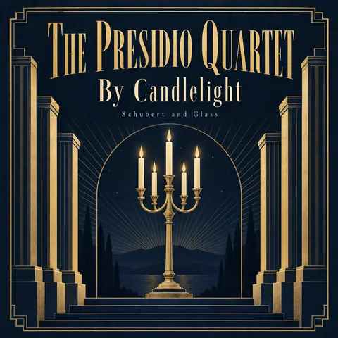 Art Deco style album cover for a fictional album: By Candlelight