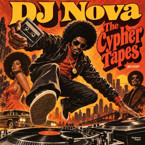 Blaxploitation Movie Poster style album cover for a fictional album: The Cypher Tapes