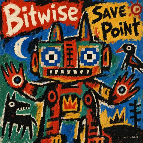 CoBrA style album cover for a fictional album: Save Point