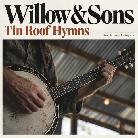 Contemporary Editorial style album cover for a fictional album: Tin Roof Hymns