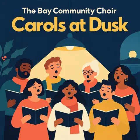 Contemporary Flat Illustration style album cover for a fictional album: Carols at Dusk