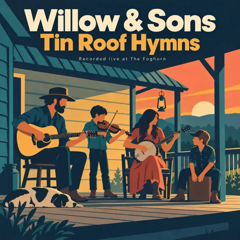 Contemporary Flat Illustration style album cover for a fictional album: Tin Roof Hymns