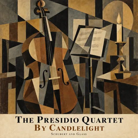 Cubist Exhibition Poster (1940s framing (Cubism 1907–1920s)) style album cover for a fictional album: By Candlelight