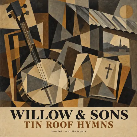 Cubist Exhibition Poster (1940s framing (Cubism 1907–1920s)) style album cover for a fictional album: Tin Roof Hymns