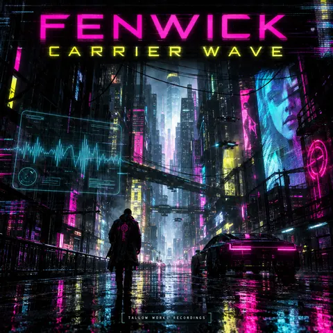 Cyberpunk style album cover for a fictional album: Carrier Wave