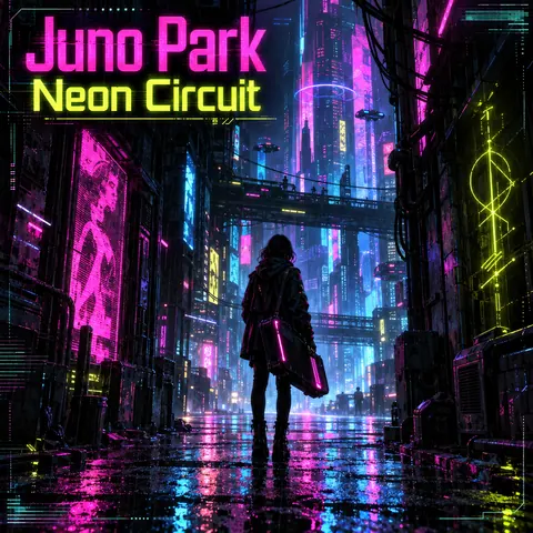 Cyberpunk style album cover for a fictional single: Neon Circuit