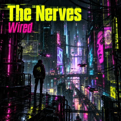 Cyberpunk style album cover for a fictional single: Wired