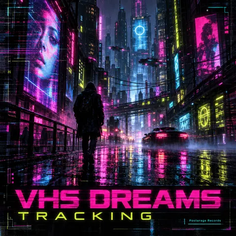 Cyberpunk style album cover for a fictional album: Tracking