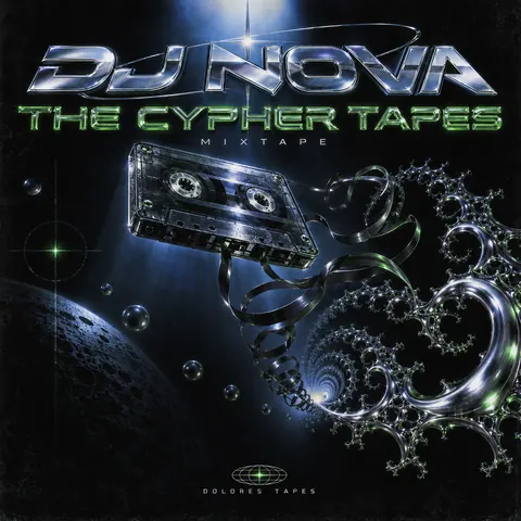 90s Drum and Bass Flyer style album cover for a fictional album: The Cypher Tapes