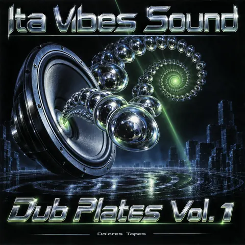 90s Drum and Bass Flyer style album cover for a fictional album: Dub Plates Vol. 1