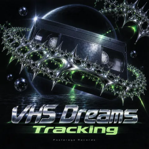 90s Drum and Bass Flyer style album cover for a fictional album: Tracking