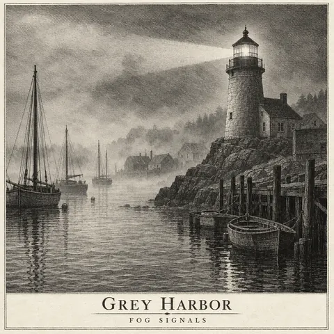 Etching / Engraving style album cover for a fictional album: Fog Signals