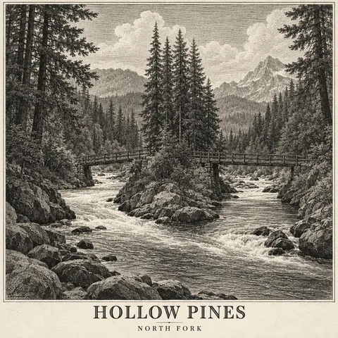 Etching / Engraving style album cover for a fictional album: North Fork