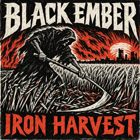 Expressionist Woodcut style album cover for a fictional album: Iron Harvest