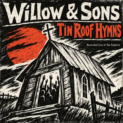 Expressionist Woodcut style album cover for a fictional album: Tin Roof Hymns