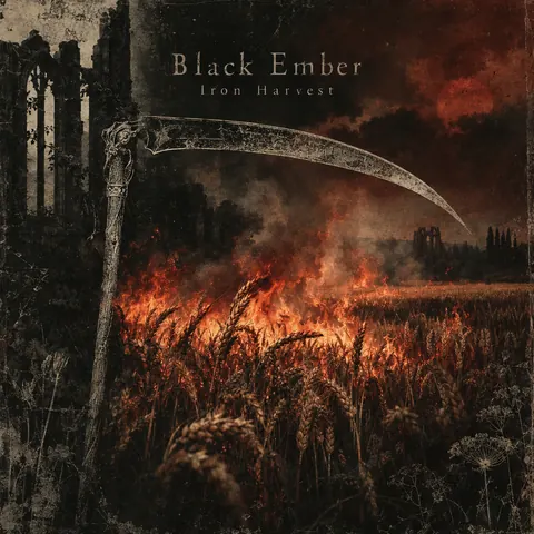 4AD Records style album cover for a fictional album: Iron Harvest