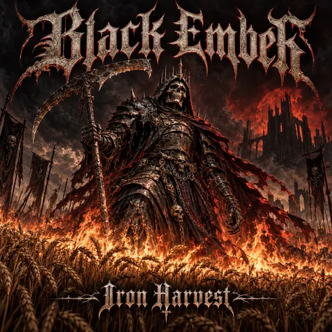 Heavy Metal Concert Poster style album cover for a fictional album: Iron Harvest