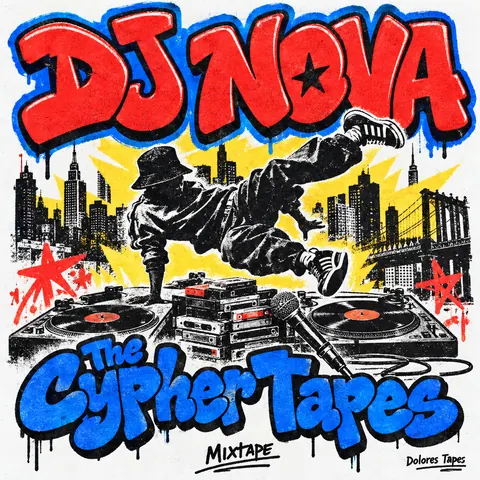 80s NYC Hip Hop Flyer style album cover for a fictional album: The Cypher Tapes