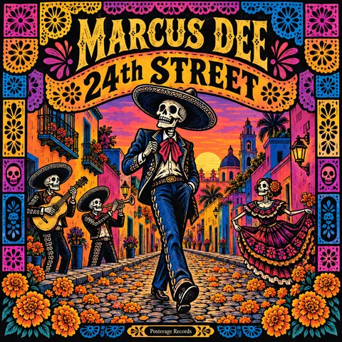 Mexican Calavera / Posada style album cover for a fictional album: 24th Street