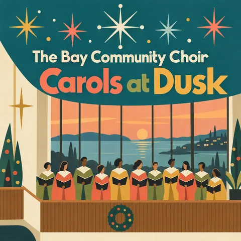 Mid-century Modern Graphic style album cover for a fictional album: Carols at Dusk