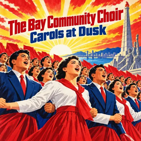 North Korean Propaganda style album cover for a fictional album: Carols at Dusk