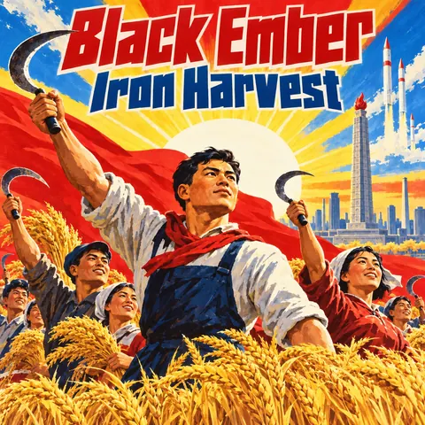 North Korean Propaganda style album cover for a fictional album: Iron Harvest