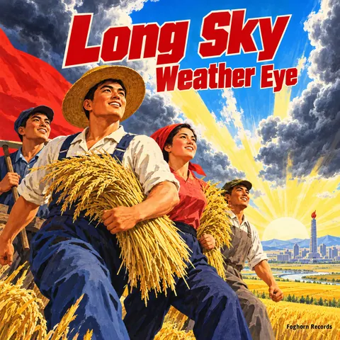 North Korean Propaganda style album cover for a fictional album: Weather Eye