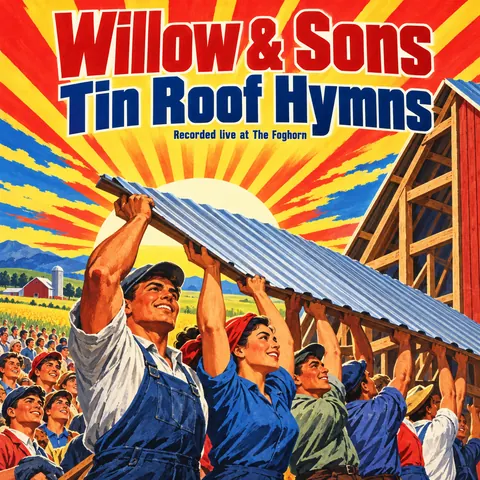 North Korean Propaganda style album cover for a fictional album: Tin Roof Hymns