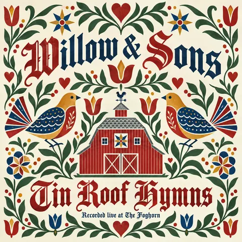 Pennsylvania Dutch / Fraktur style album cover for a fictional album: Tin Roof Hymns
