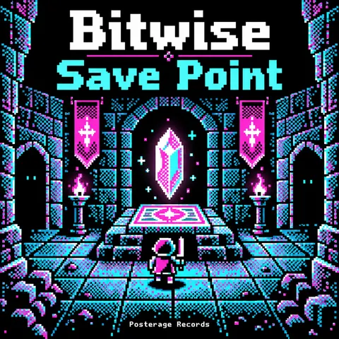 Pixel Art style album cover for a fictional album: Save Point