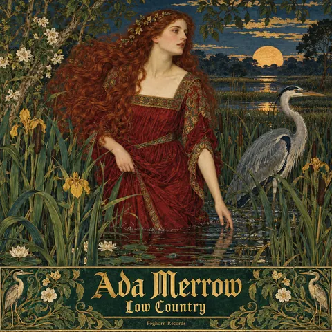 Pre-Raphaelite Illustration style album cover for a fictional album: Low Country