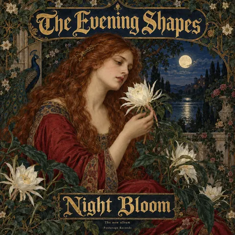 Pre-Raphaelite Illustration style album cover for a fictional album: Night Bloom