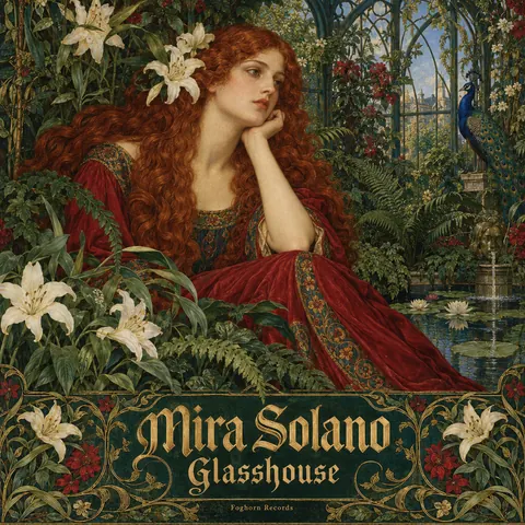 Pre-Raphaelite Illustration style album cover for a fictional album: Glasshouse