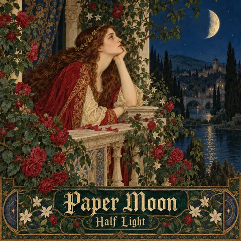 Pre-Raphaelite Illustration style album cover for a fictional single: Half Light