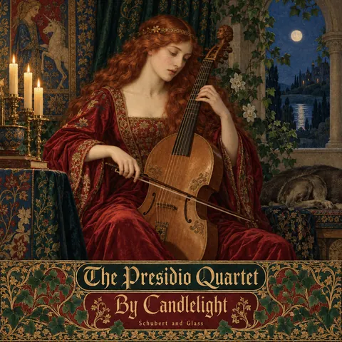 Pre-Raphaelite Illustration style album cover for a fictional album: By Candlelight