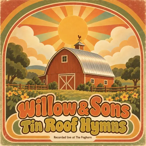Psychedelic Seventies Corporate style album cover for a fictional album: Tin Roof Hymns
