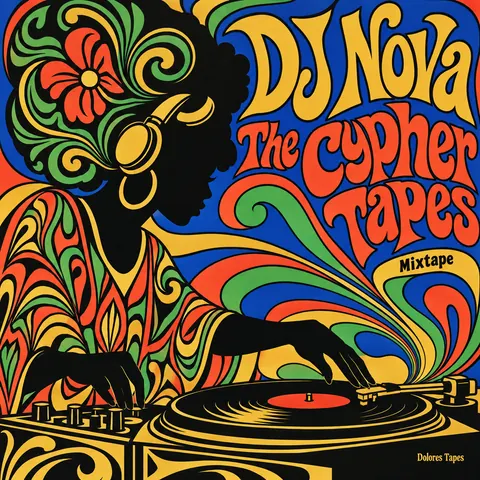 Push Pin Studios style album cover for a fictional album: The Cypher Tapes