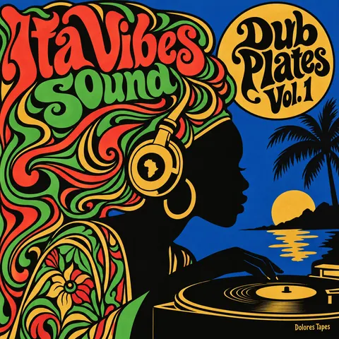 Push Pin Studios style album cover for a fictional album: Dub Plates Vol. 1