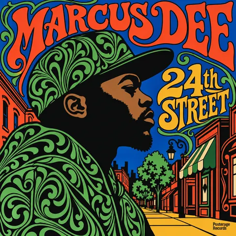 Push Pin Studios style album cover for a fictional album: 24th Street