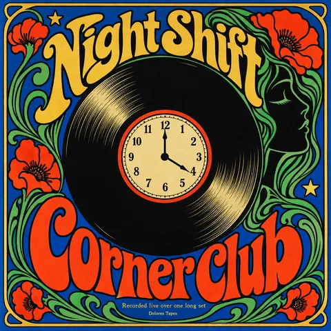 Push Pin Studios style album cover for a fictional album: Corner Club