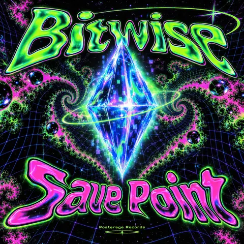90s Rave / Acid Graphics style album cover for a fictional album: Save Point