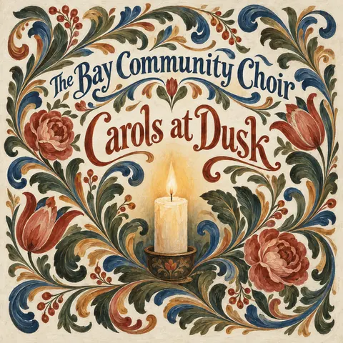Scandinavian Folk / Rosemaling style album cover for a fictional album: Carols at Dusk