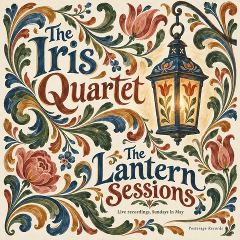 Scandinavian Folk / Rosemaling style album cover for a fictional album: The Lantern Sessions