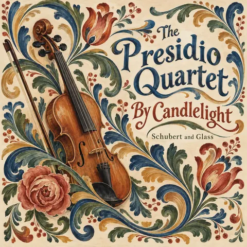 Scandinavian Folk / Rosemaling style album cover for a fictional album: By Candlelight
