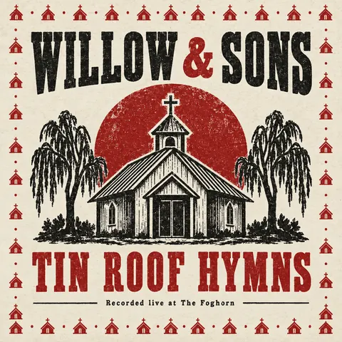 Stamp / Letterpress (Modernised) style album cover for a fictional album: Tin Roof Hymns