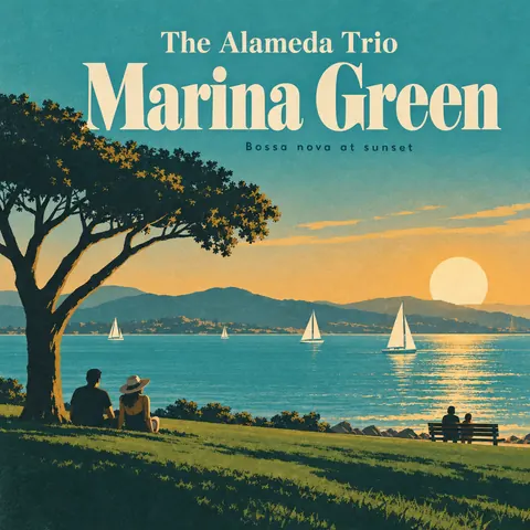Vintage travel style album cover for a fictional album: Marina Green