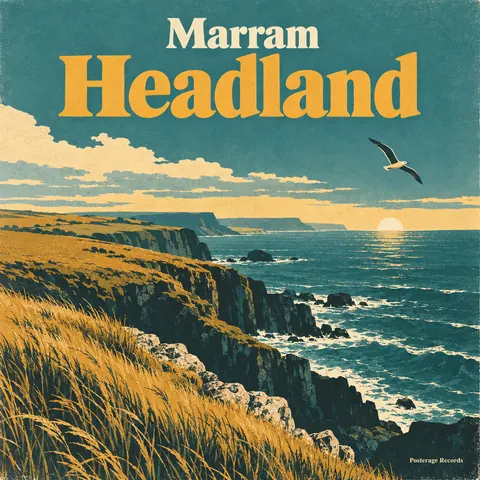 Vintage travel style album cover for a fictional album: Headland