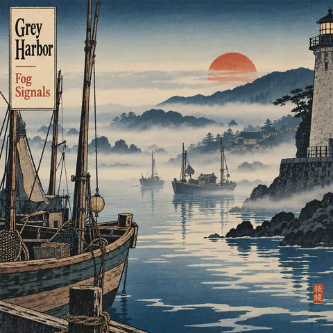 Ukiyo-e / Japanese Woodblock style album cover for a fictional album: Fog Signals