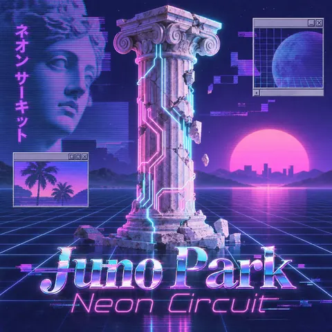 Vaporwave style album cover for a fictional single: Neon Circuit