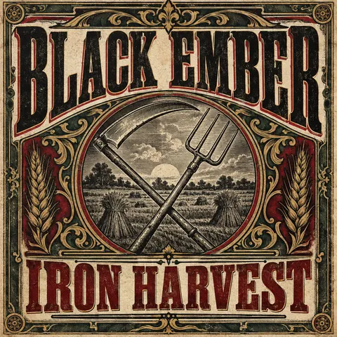 Victorian Broadside style album cover for a fictional album: Iron Harvest